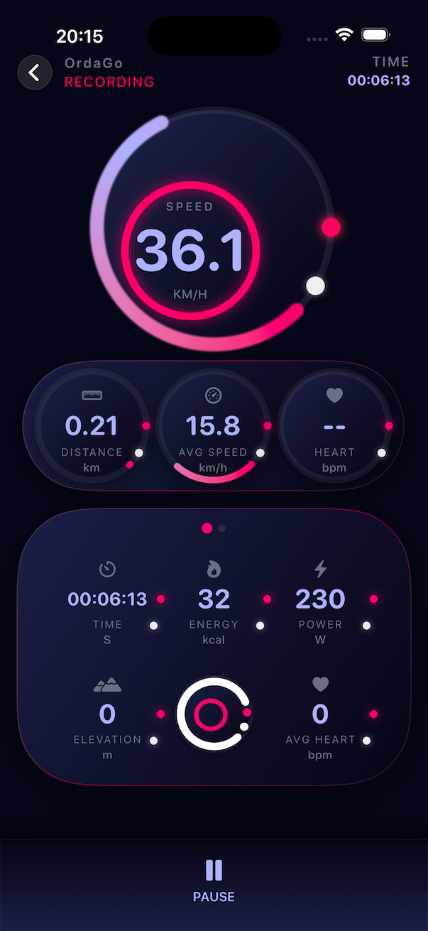 OrdaGo recording screen with live speed and performance metrics