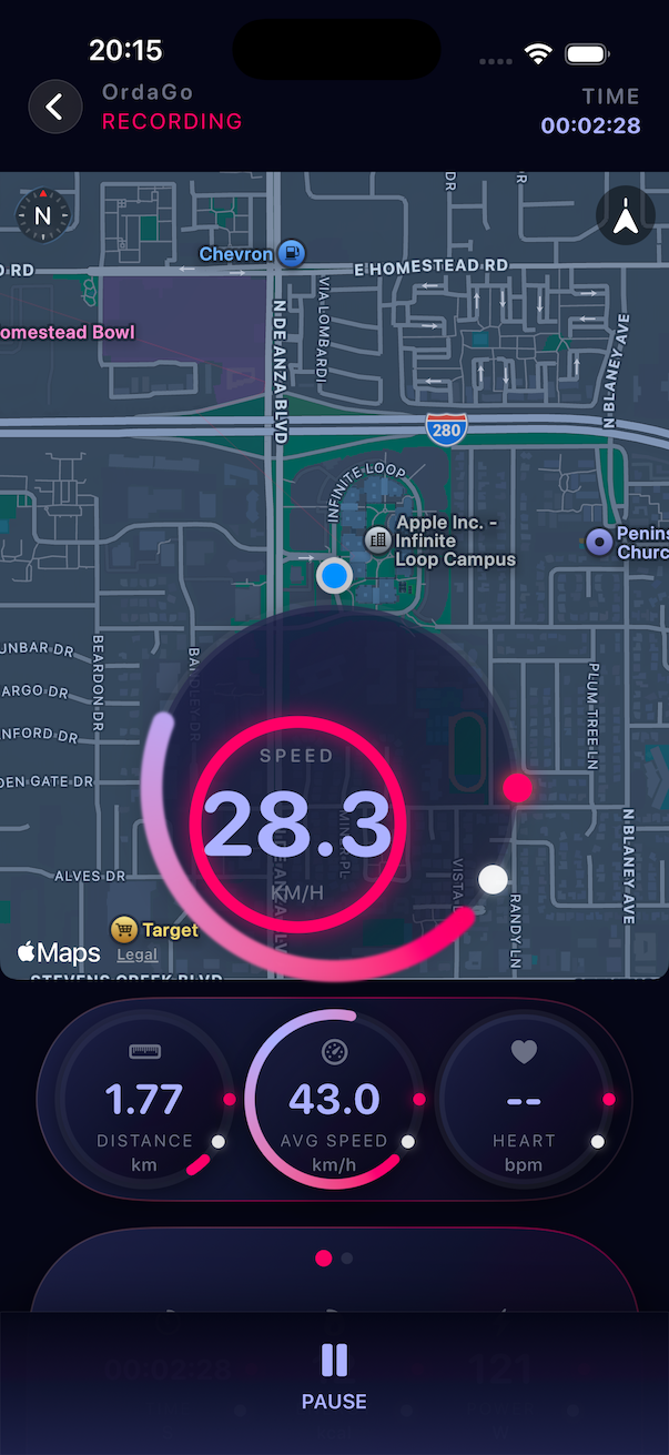 OrdaGo activity dashboard with distance, pace and elevation